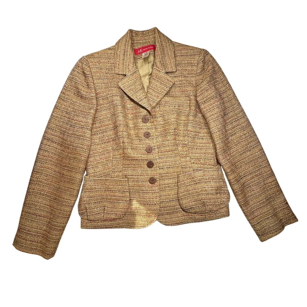 VTG AK ANNE KLEIN Women's Jacket Blazer Size 8P Tweed Button Up Patch Pockets Me